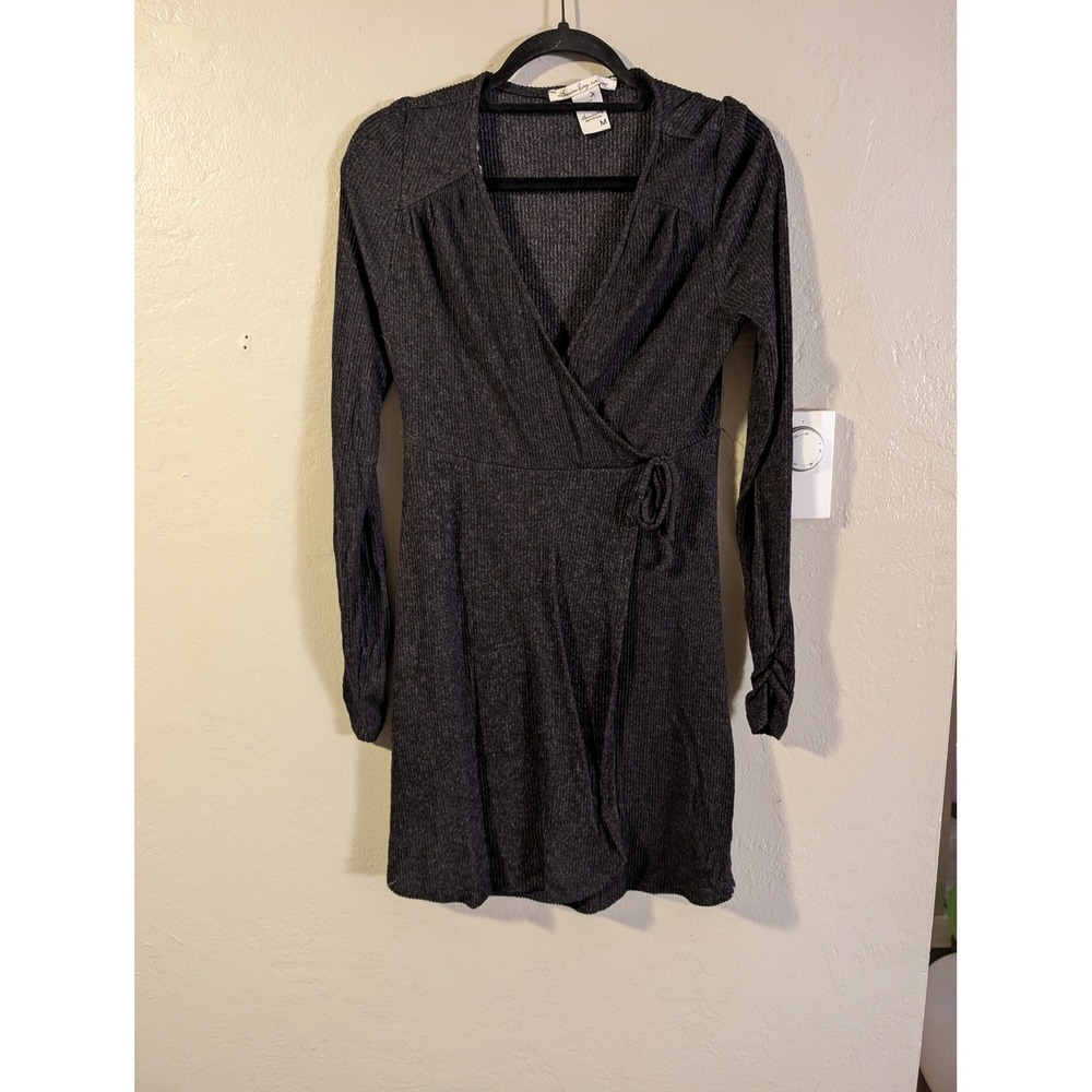 American Rag Cie Wrap Dress M Charcoal Ribbed Knit Long Sleeve Y2K